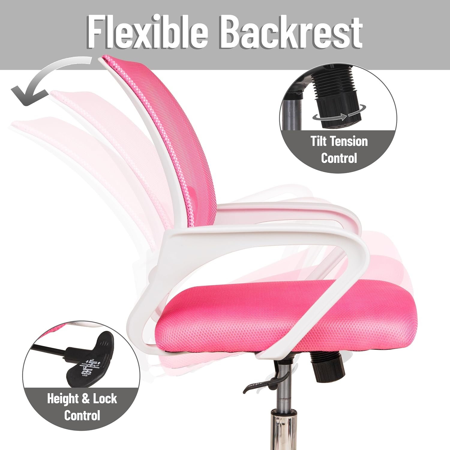 image:imageMind Reader Office Chair with Wheels Pink Height Adjustable Mesh Desk Chair Armrests Lumbar SupportPink