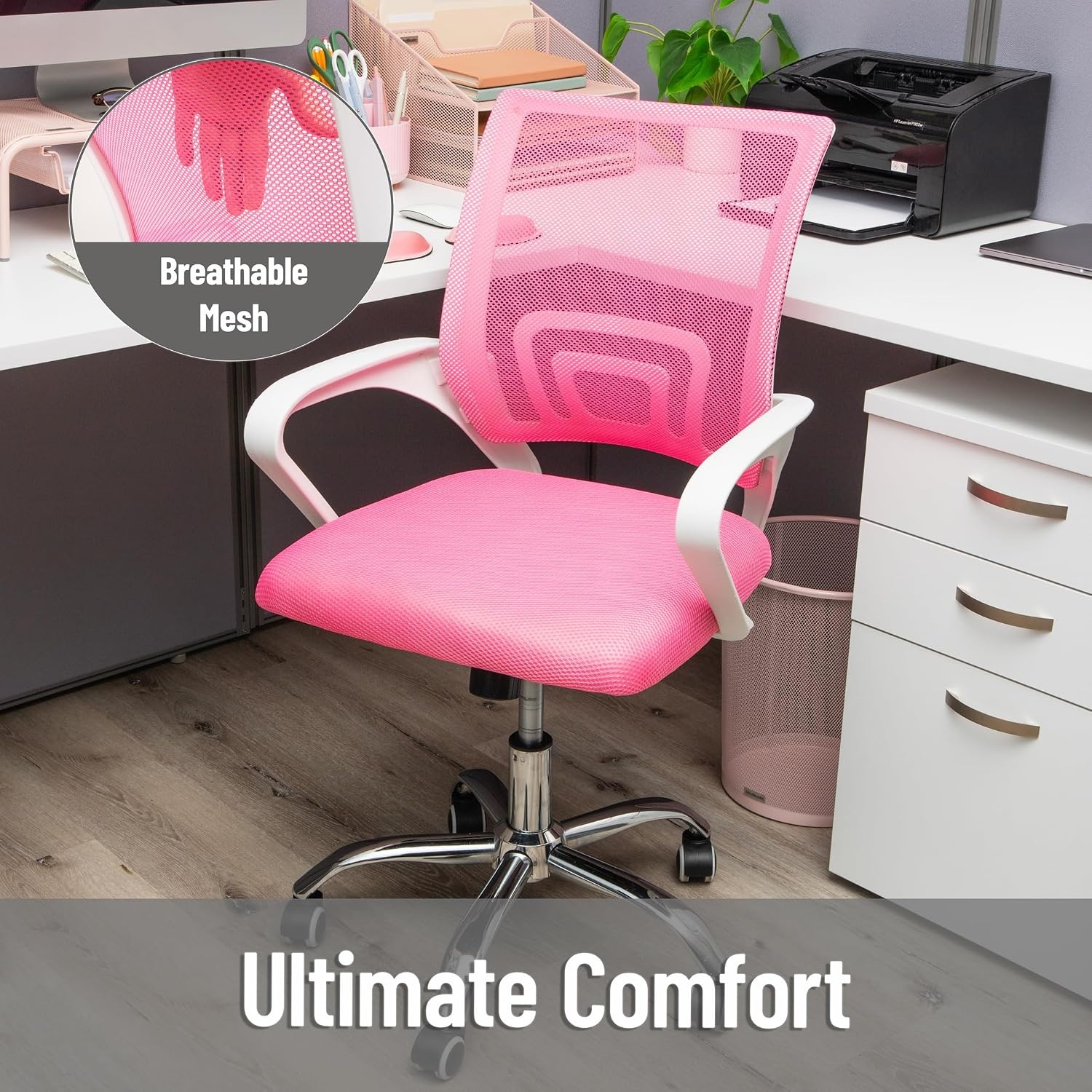 image:imageMind Reader Office Chair with Wheels Pink Height Adjustable Mesh Desk Chair Armrests Lumbar SupportPink