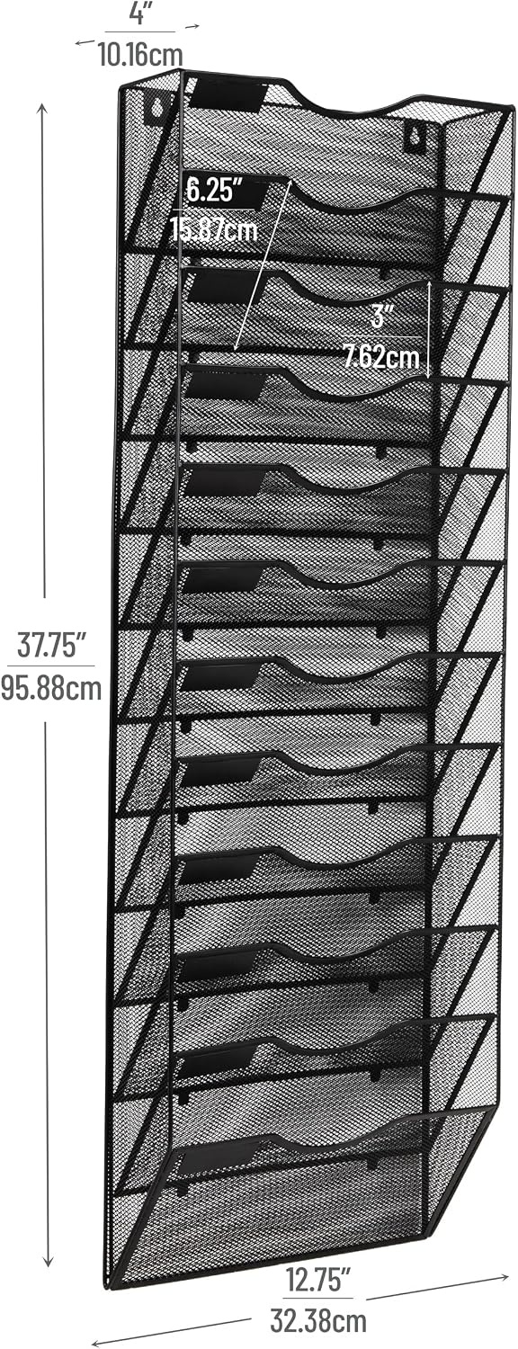 image:imageMind Reader Wall Mounted File Organizer 12 Tier Wire Mesh Document Holder with Metal Label Plates for Documents Folders and Magazines Black