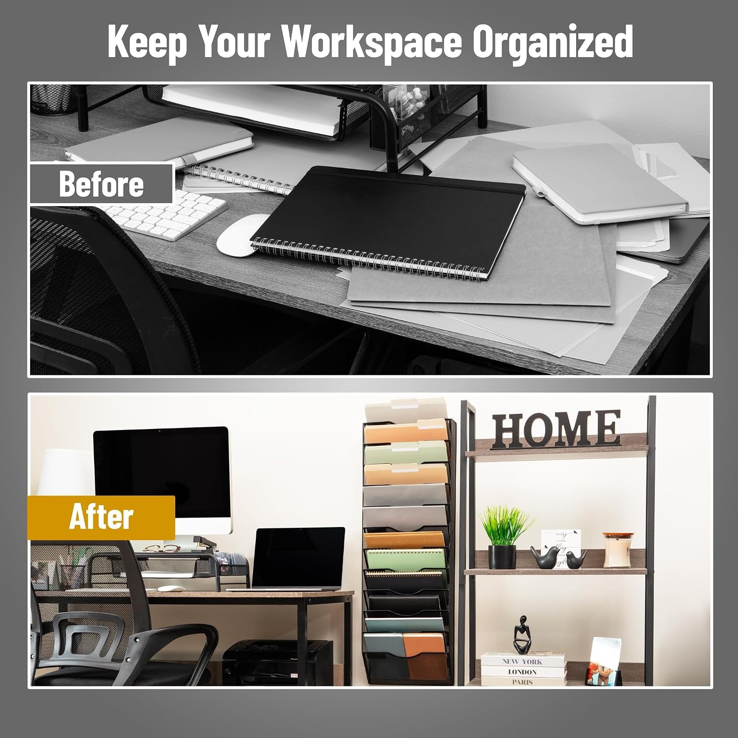 image:imageMind Reader Wall Mounted File Organizer 12 Tier Wire Mesh Document Holder with Metal Label Plates for Documents Folders and Magazines Black