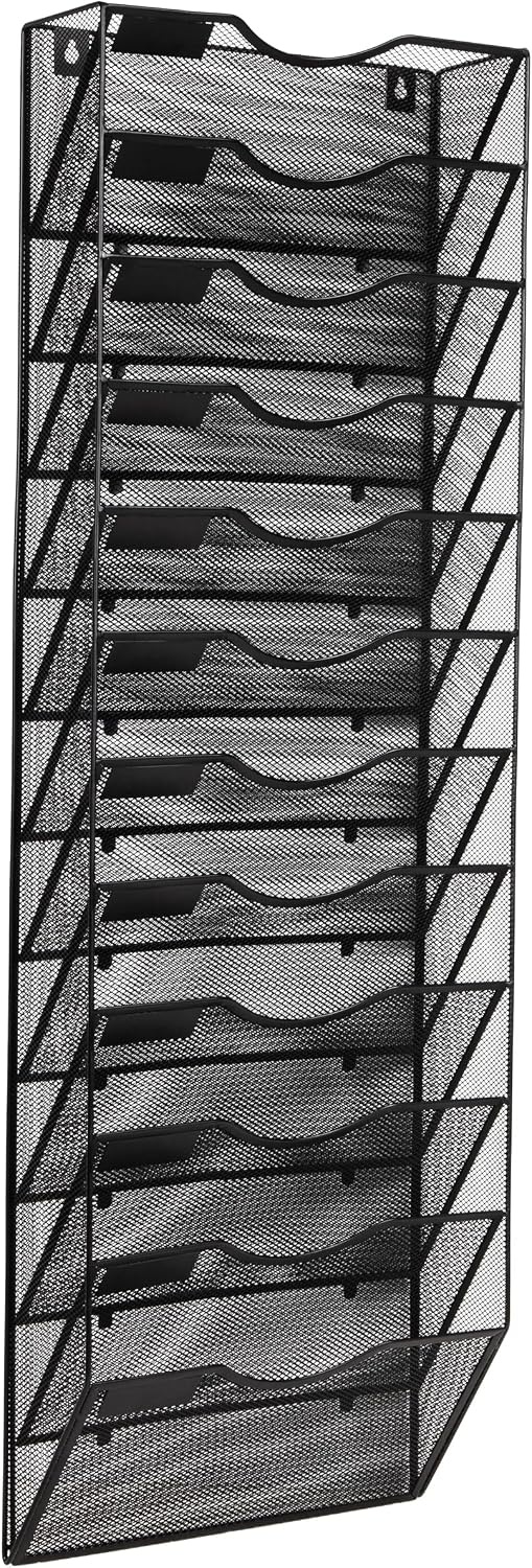 image:imageMind Reader Wall Mounted File Organizer 12 Tier Wire Mesh Document Holder with Metal Label Plates for Documents Folders and Magazines Black