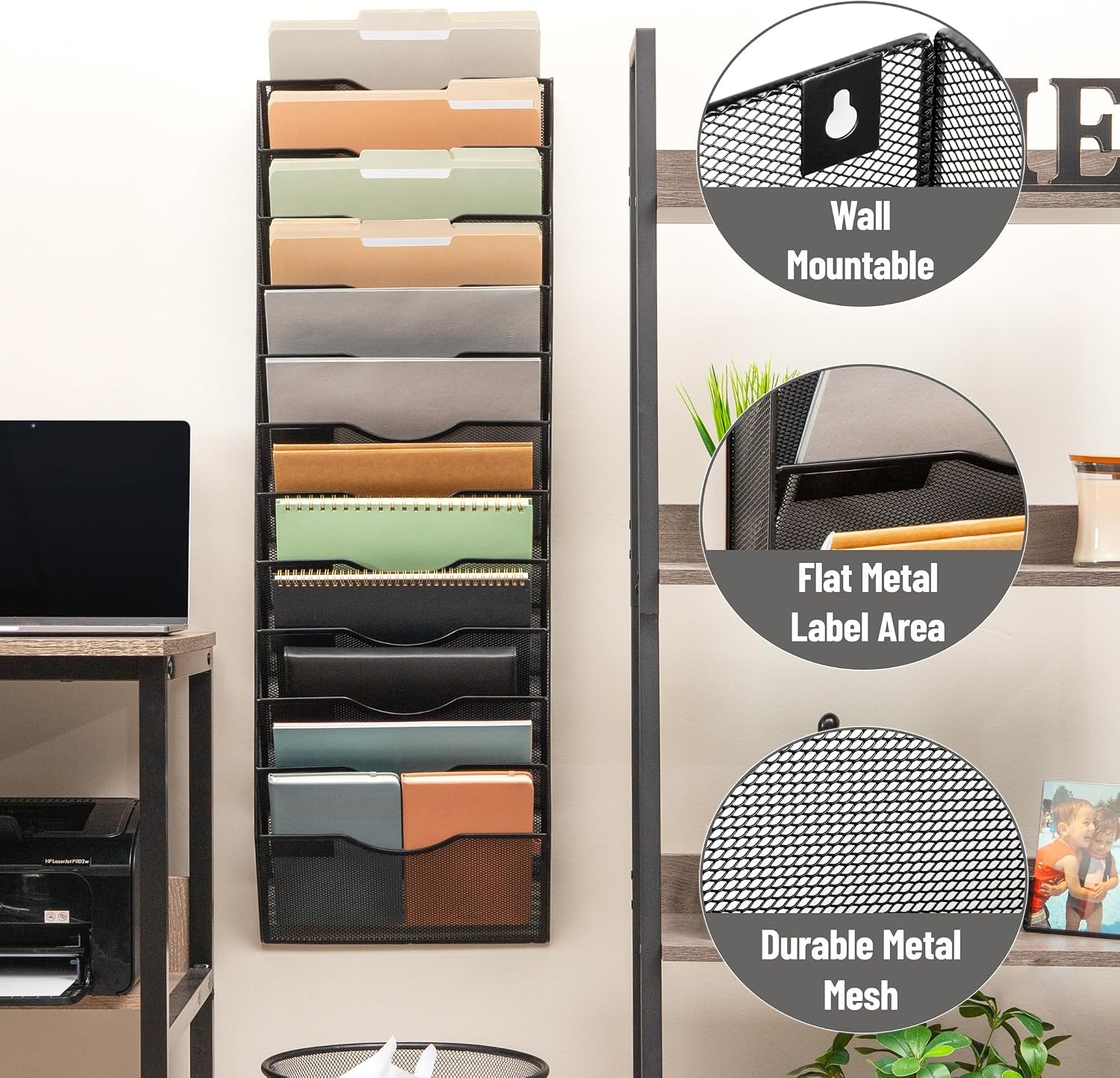 image:imageMind Reader Wall Mounted File Organizer 12 Tier Wire Mesh Document Holder with Metal Label Plates for Documents Folders and Magazines Black
