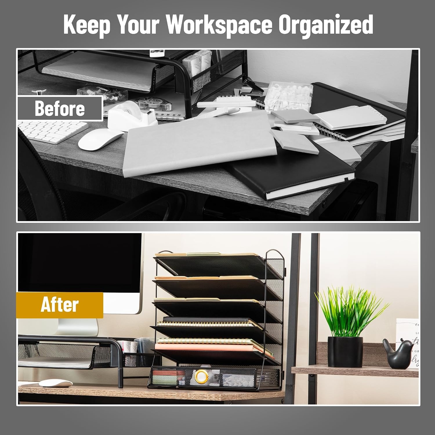 image:imageMind Reader 5 Tier Desk Organizer Black Sliding Trays and Drawer Metal Mesh File Sorter Angled Shelves Divided Storage5 Tier Desk Organizer