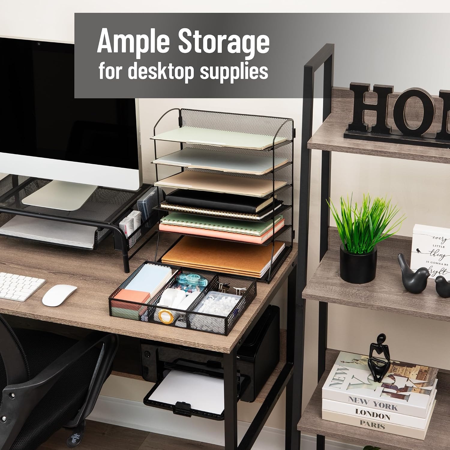 image:imageMind Reader 5 Tier Desk Organizer Black Sliding Trays and Drawer Metal Mesh File Sorter Angled Shelves Divided Storage5 Tier Desk Organizer