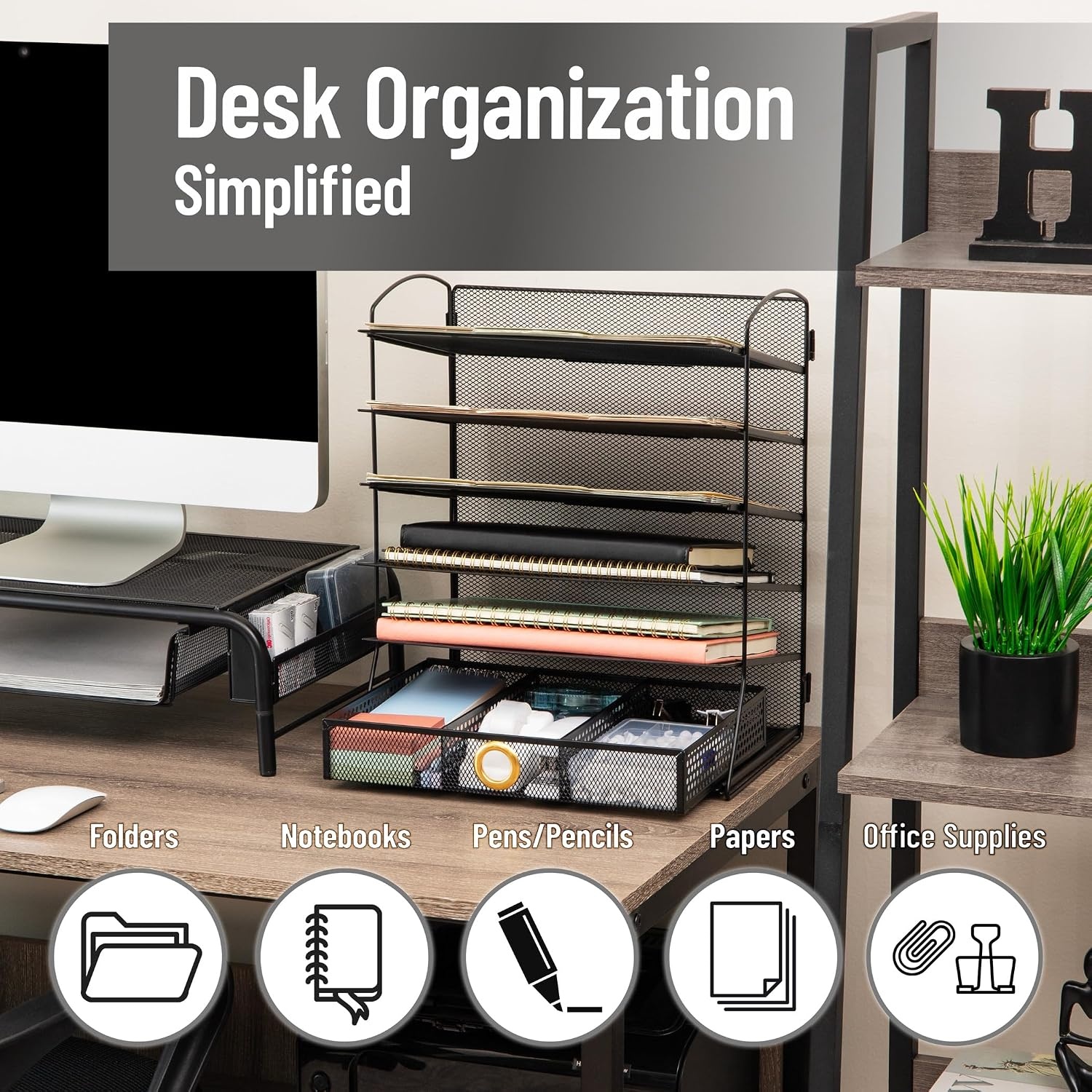 image:imageMind Reader 5 Tier Desk Organizer Black Sliding Trays and Drawer Metal Mesh File Sorter Angled Shelves Divided Storage5 Tier Desk Organizer