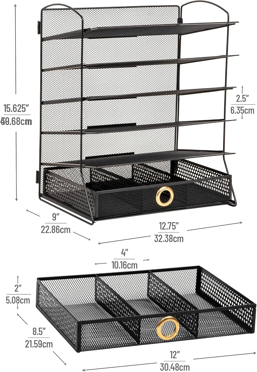 image:imageMind Reader 5 Tier Desk Organizer Black Sliding Trays and Drawer Metal Mesh File Sorter Angled Shelves Divided Storage5 Tier Desk Organizer