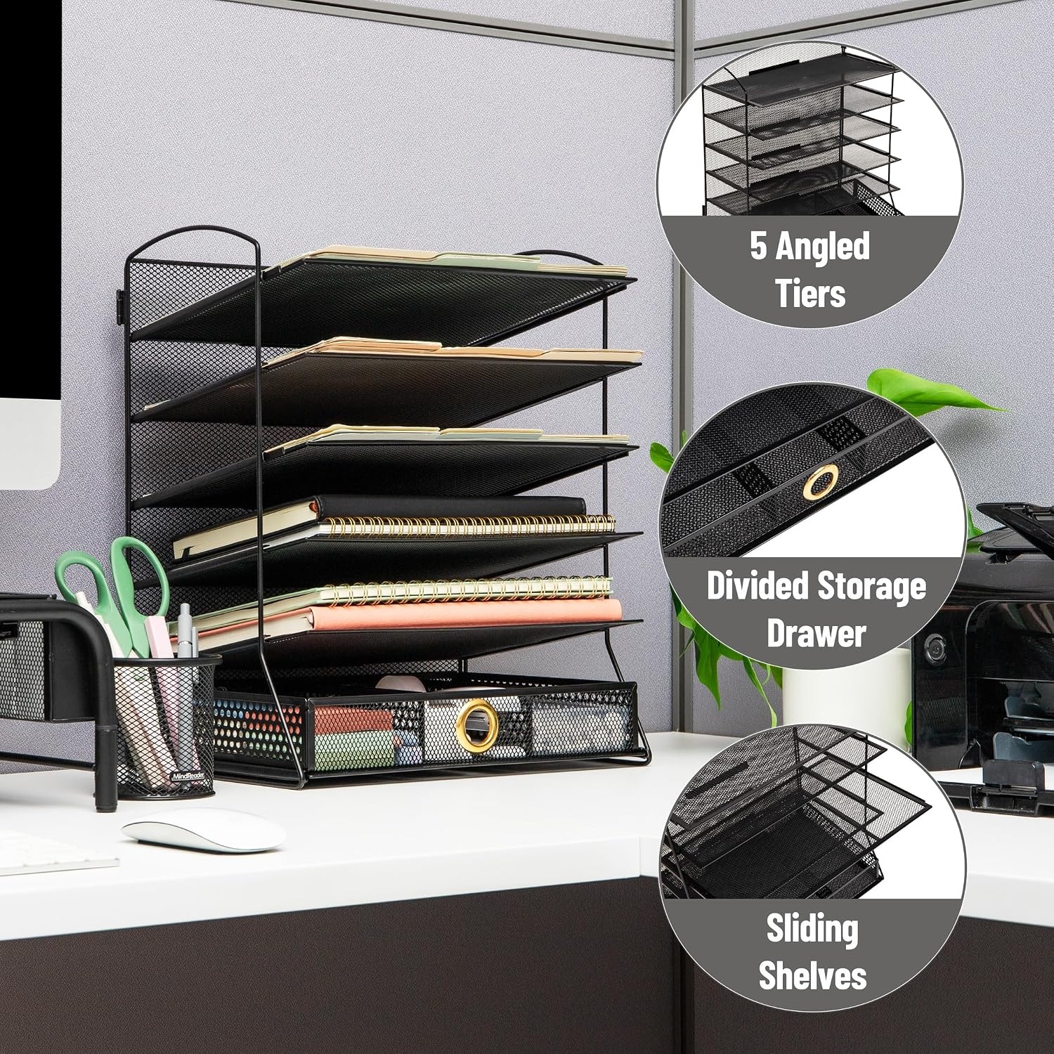 image:imageMind Reader 5 Tier Desk Organizer Black Sliding Trays and Drawer Metal Mesh File Sorter Angled Shelves Divided Storage5 Tier Desk Organizer