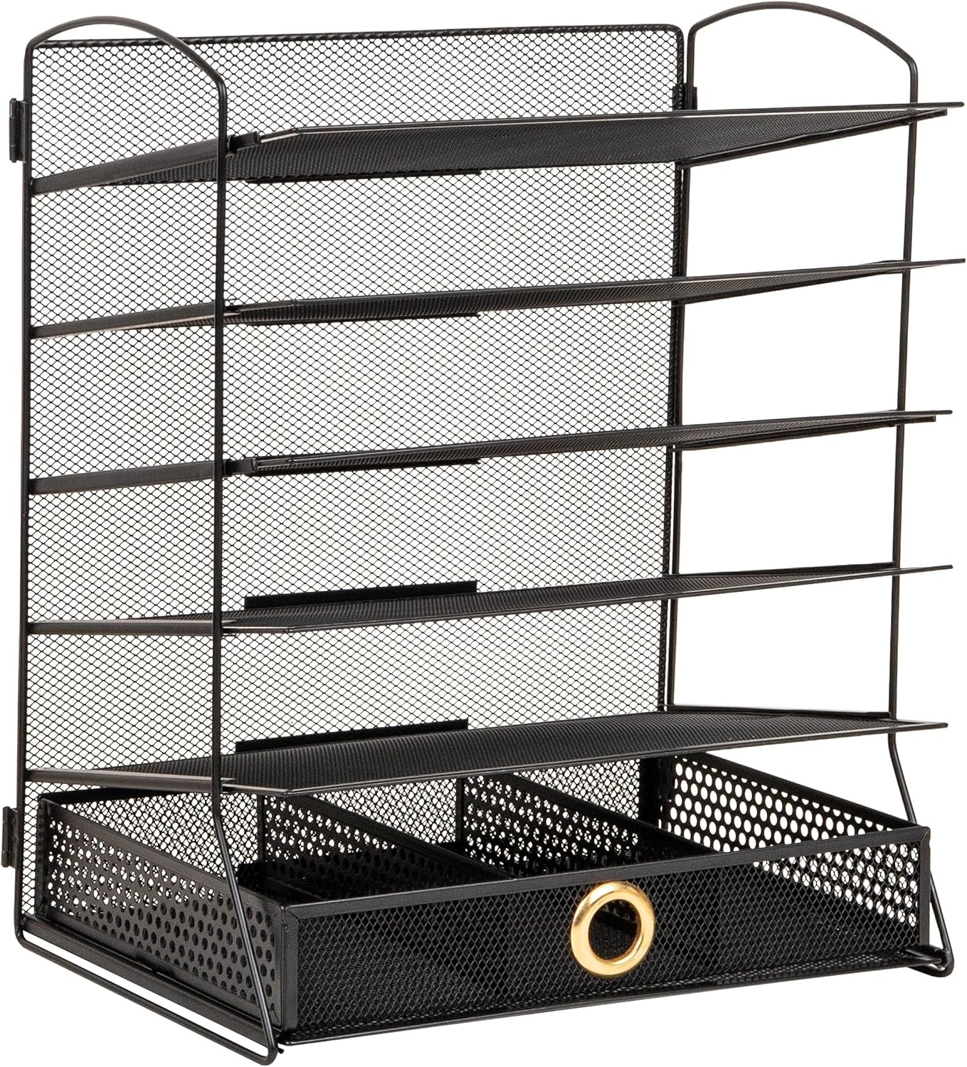 image:imageMind Reader 5 Tier Desk Organizer Black Sliding Trays and Drawer Metal Mesh File Sorter Angled Shelves Divided Storage5 Tier Desk Organizer