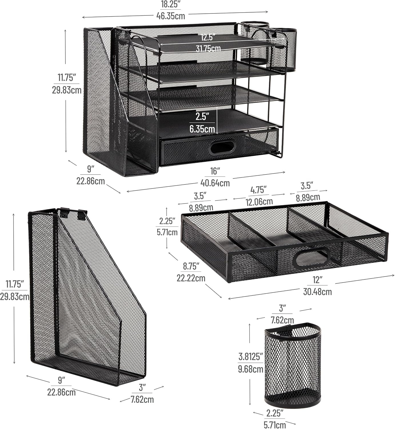 image:imageMind Reader 5 Tier Desk Organizer Black Sliding Trays and Drawer Metal Mesh File Sorter Angled Shelves Divided StorageDesk Organizer