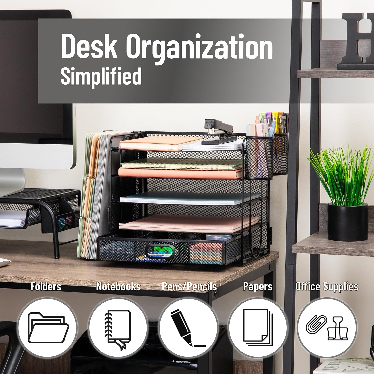 image:imageMind Reader 5 Tier Desk Organizer Black Sliding Trays and Drawer Metal Mesh File Sorter Angled Shelves Divided StorageDesk Organizer