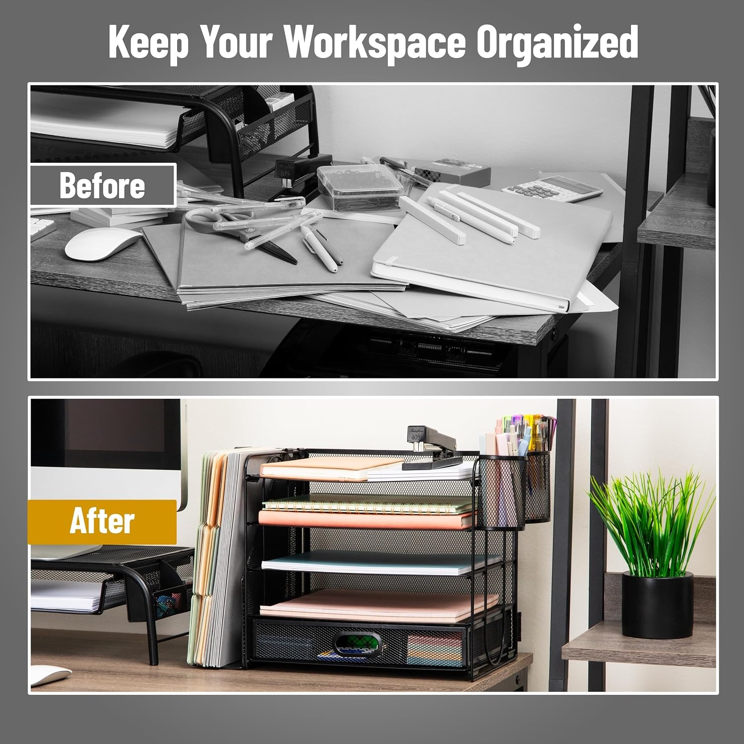 image:imageMind Reader 5 Tier Desk Organizer Black Sliding Trays and Drawer Metal Mesh File Sorter Angled Shelves Divided StorageDesk Organizer
