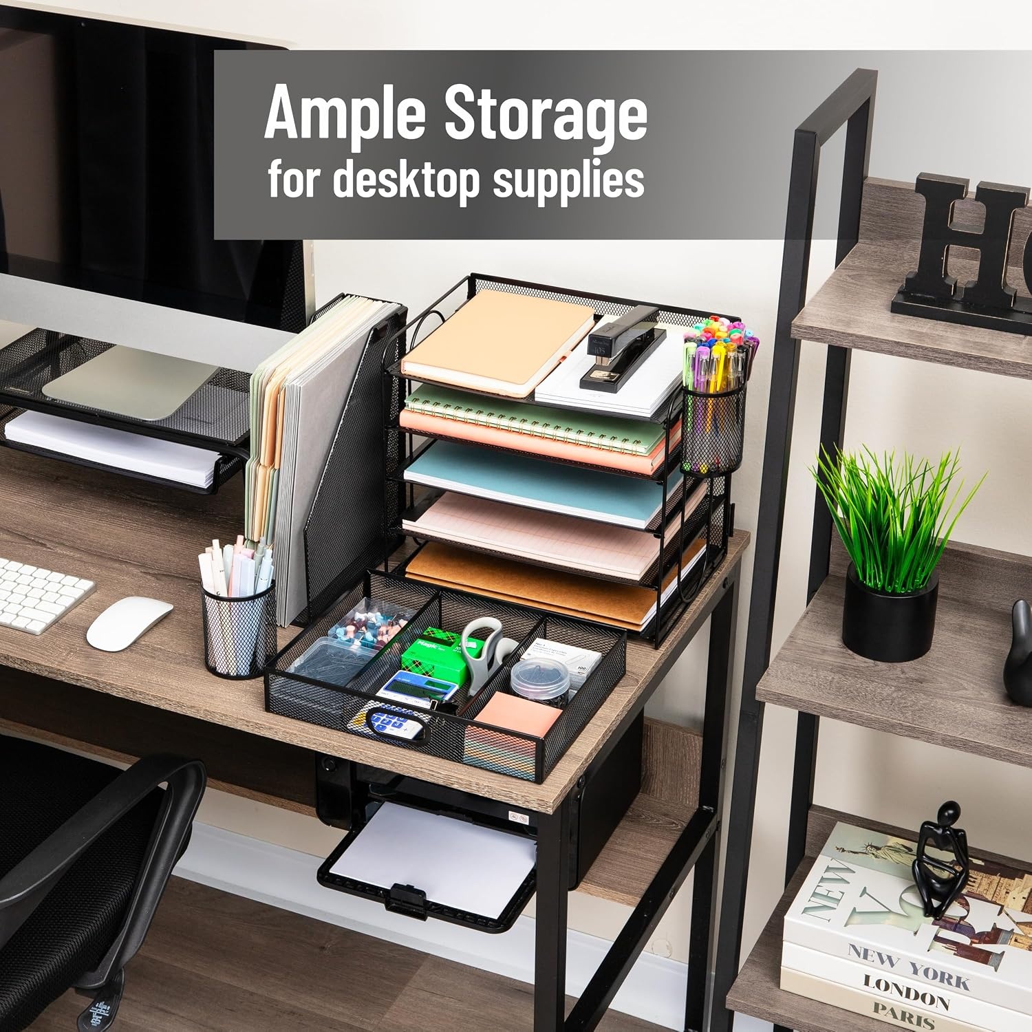 image:imageMind Reader 5 Tier Desk Organizer Black Sliding Trays and Drawer Metal Mesh File Sorter Angled Shelves Divided StorageDesk Organizer