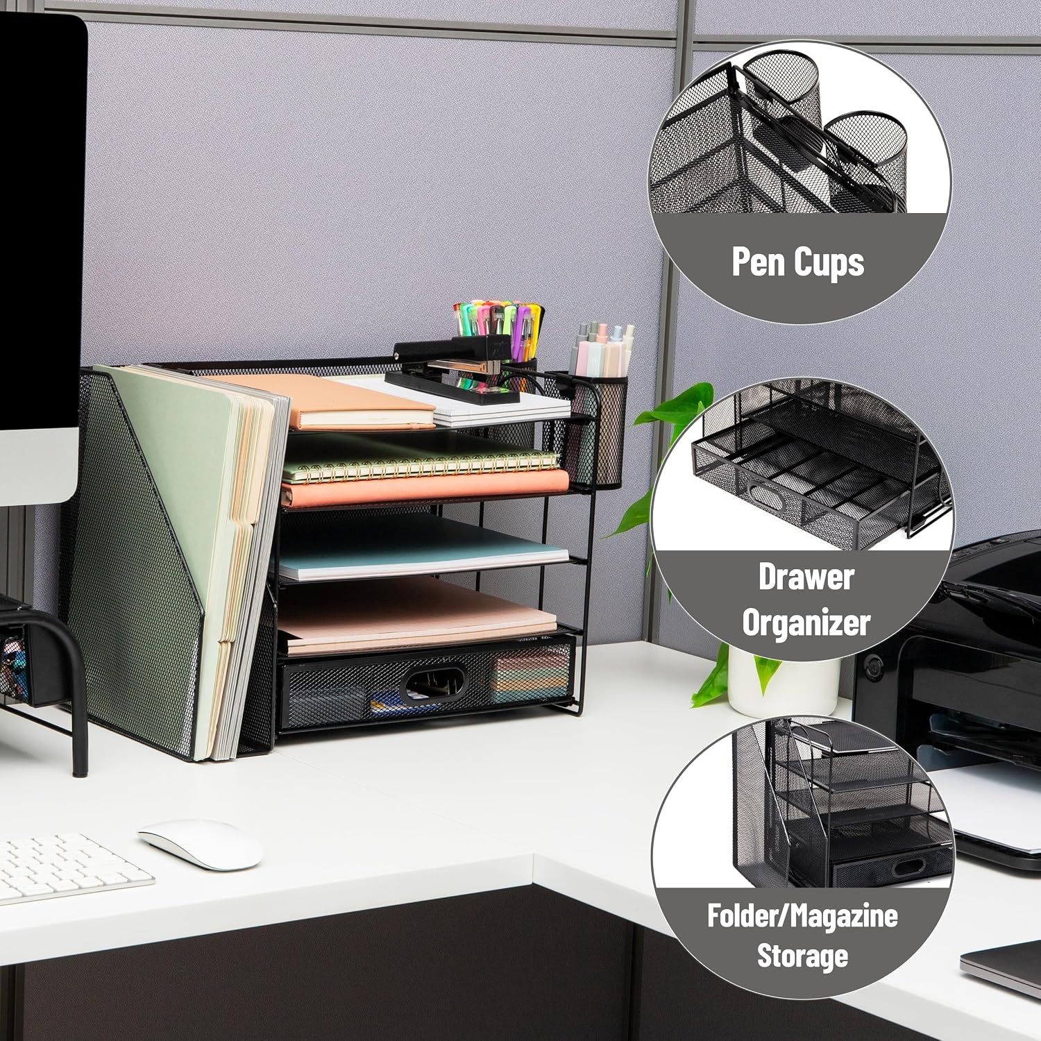 image:imageMind Reader 5 Tier Desk Organizer Black Sliding Trays and Drawer Metal Mesh File Sorter Angled Shelves Divided StorageDesk Organizer