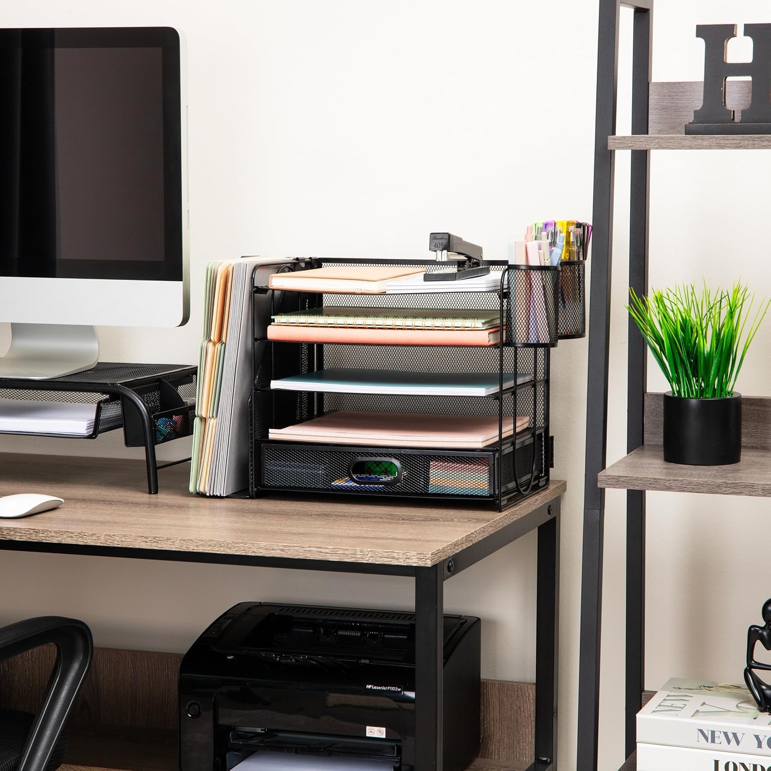 image:imageMind Reader 5 Tier Desk Organizer Black Sliding Trays and Drawer Metal Mesh File Sorter Angled Shelves Divided StorageDesk Organizer