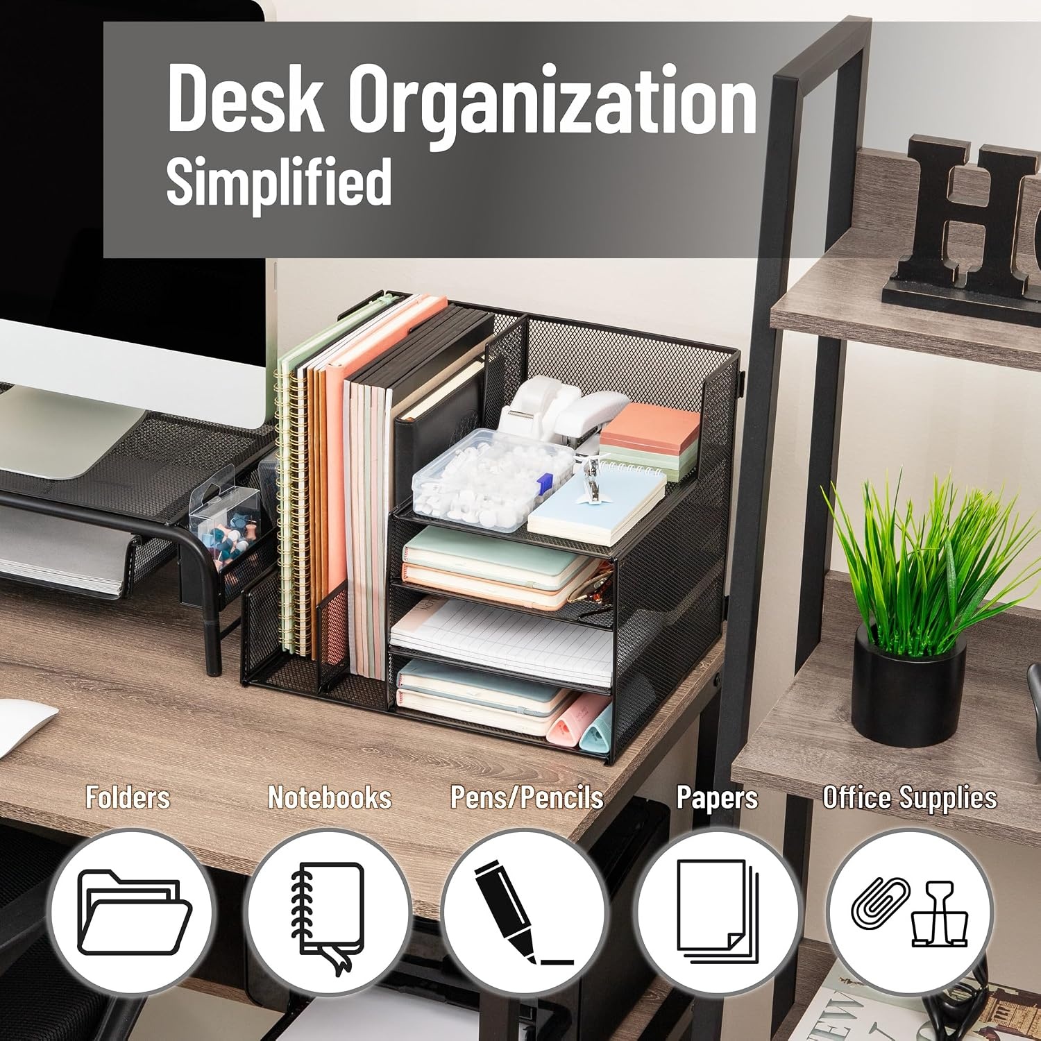 image:imageMind Reader 5 Tier Desk Organizer Black Sliding Trays and Drawer Metal Mesh File Sorter Angled Shelves Divided StorageDesk Organizer and File Holder