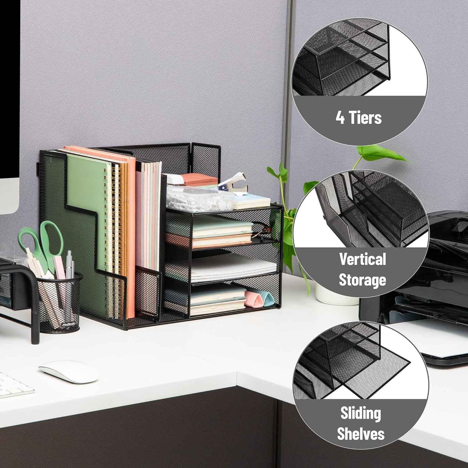 image:imageMind Reader 5 Tier Desk Organizer Black Sliding Trays and Drawer Metal Mesh File Sorter Angled Shelves Divided StorageDesk Organizer and File Holder