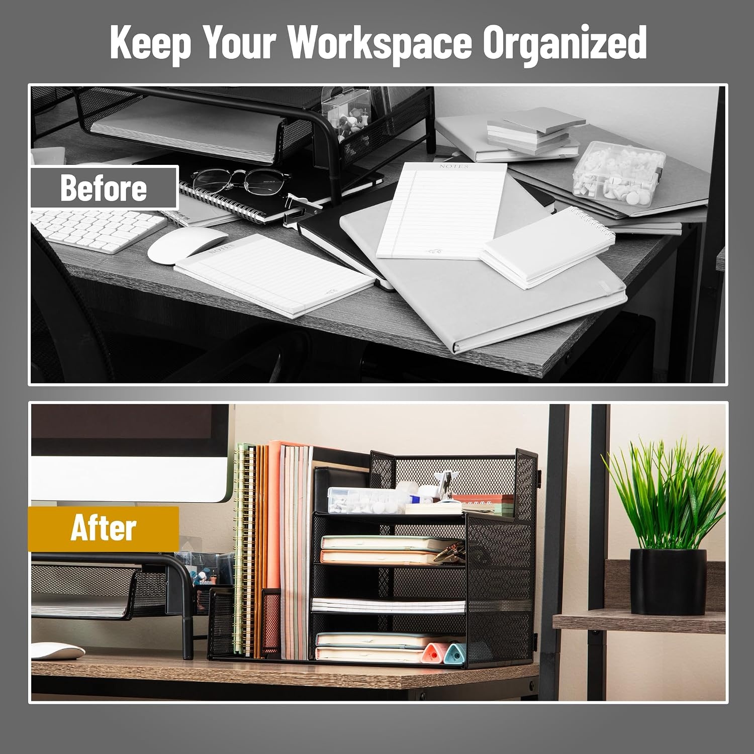image:imageMind Reader 5 Tier Desk Organizer Black Sliding Trays and Drawer Metal Mesh File Sorter Angled Shelves Divided StorageDesk Organizer and File Holder