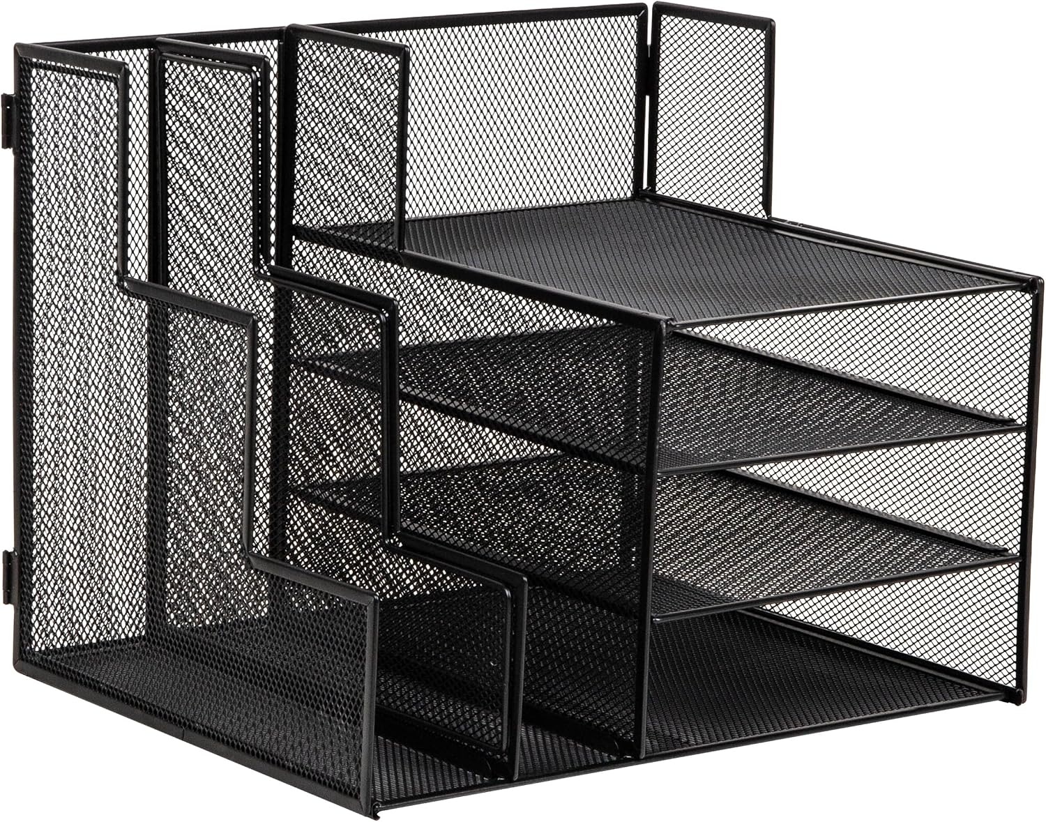 image:imageMind Reader 5 Tier Desk Organizer Black Sliding Trays and Drawer Metal Mesh File Sorter Angled Shelves Divided StorageDesk Organizer and File Holder