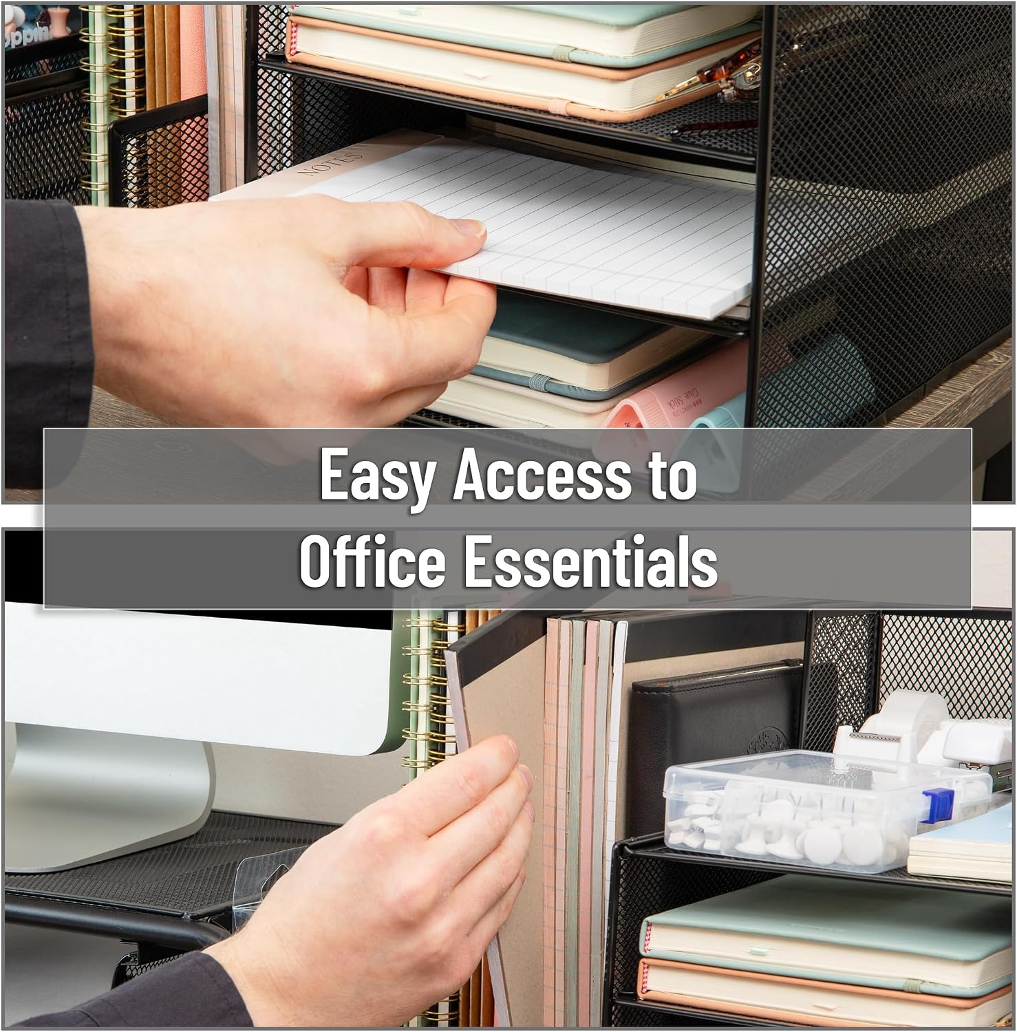 image:imageMind Reader 5 Tier Desk Organizer Black Sliding Trays and Drawer Metal Mesh File Sorter Angled Shelves Divided StorageDesk Organizer and File Holder