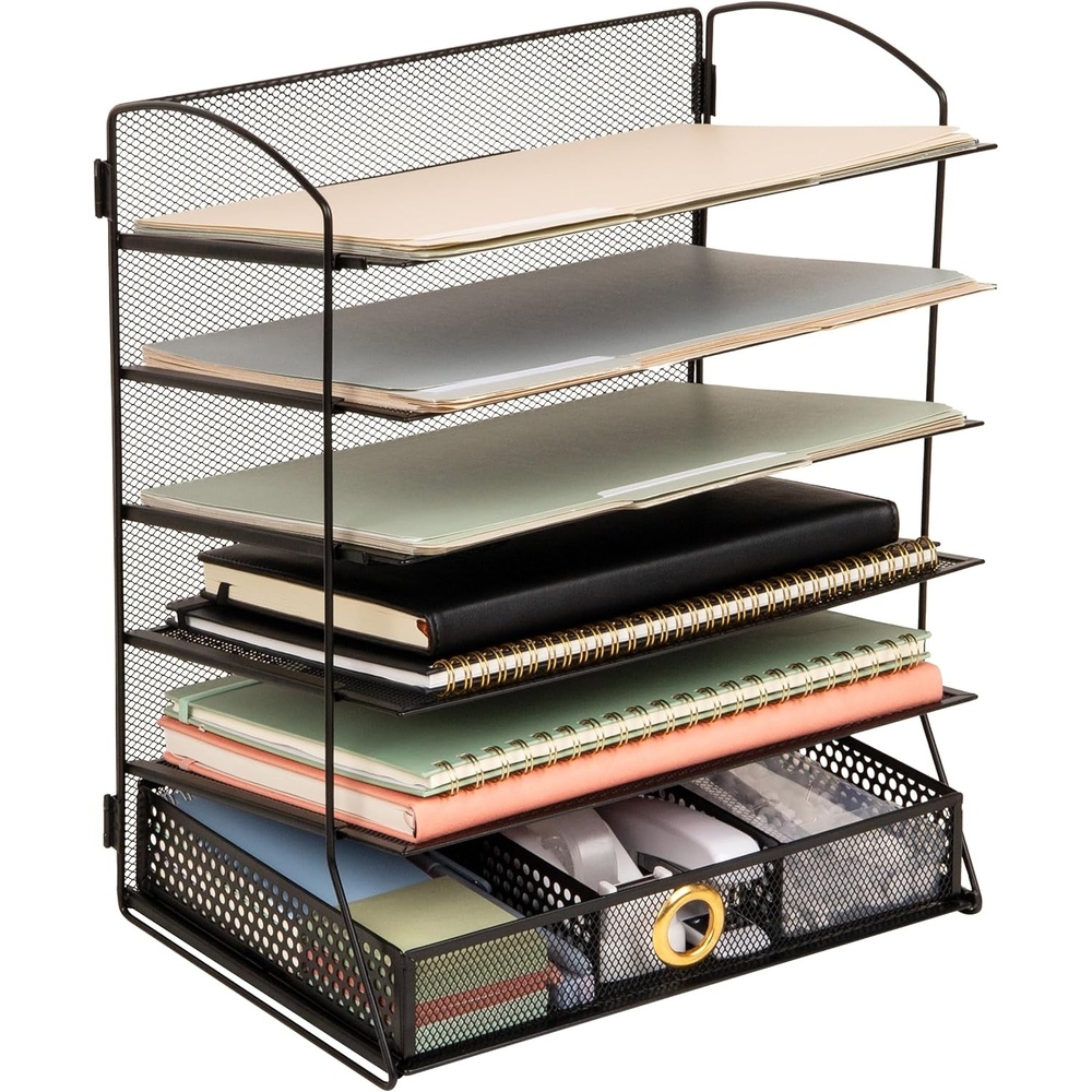 image:imageMind Reader 5 Tier Desk Organizer Black Sliding Trays and Drawer Metal Mesh File Sorter Angled Shelves Divided Storage5 Tier Desk Organizer