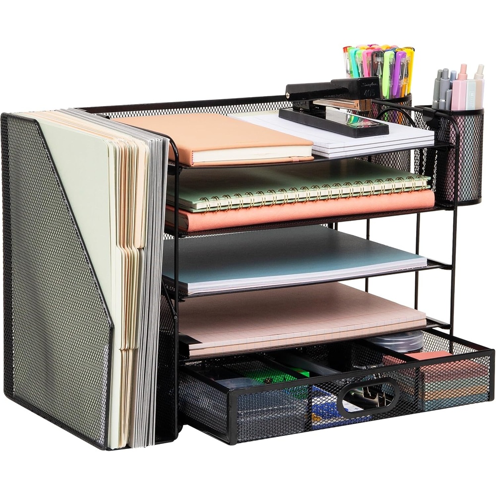 image:imageMind Reader 5 Tier Desk Organizer Black Sliding Trays and Drawer Metal Mesh File Sorter Angled Shelves Divided StorageDesk Organizer