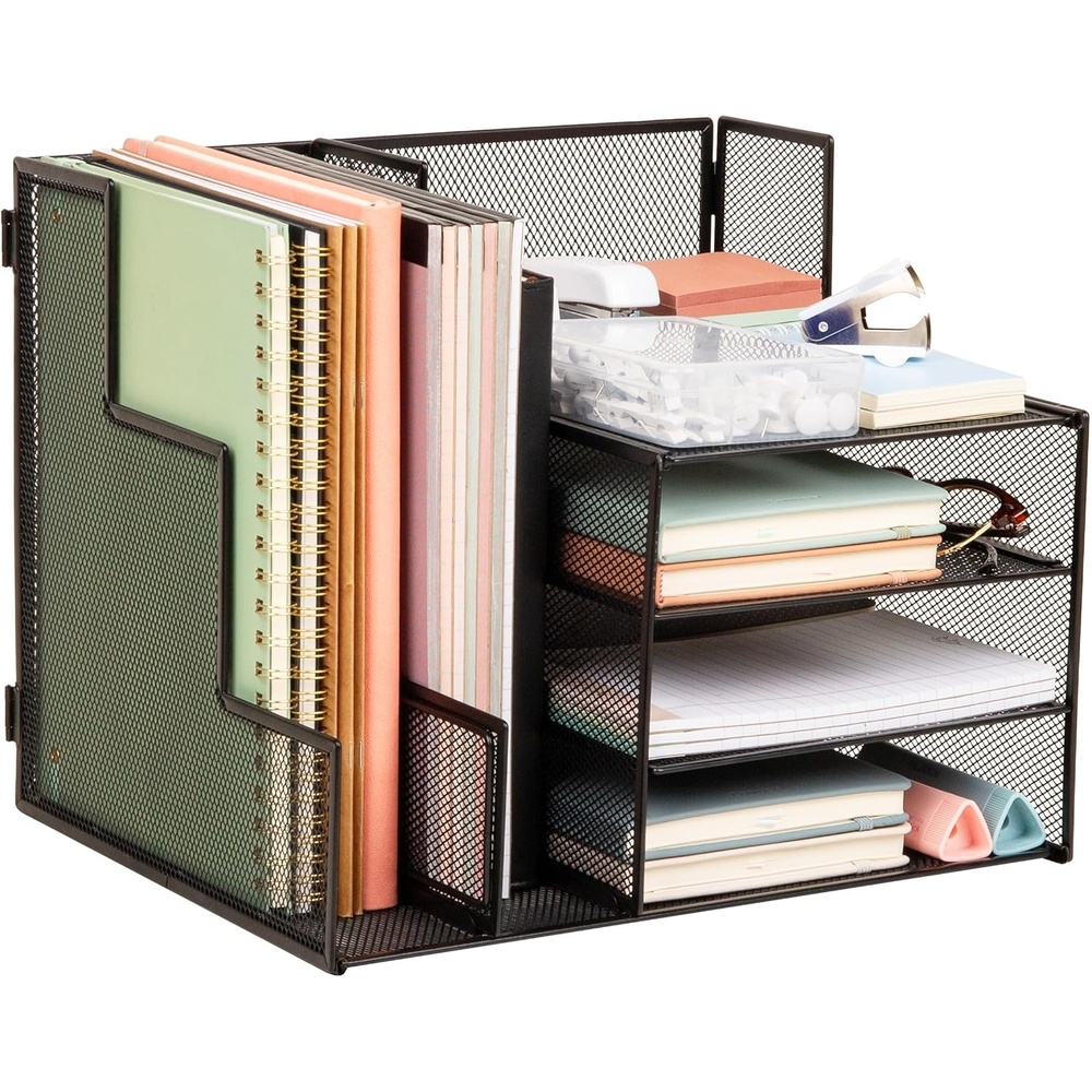 image:imageMind Reader 5 Tier Desk Organizer Black  Sliding Trays and Drawer Metal Mesh File Sorter Angled Shelves Divided StorageDesk Organizer and File Holder