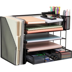 Mind Reader 5 Tier Desk Organizer, Black | Sliding Trays and Drawer, Metal Mesh File Sorter, Angled Shelves, Divided Storage(Desk Organizer)