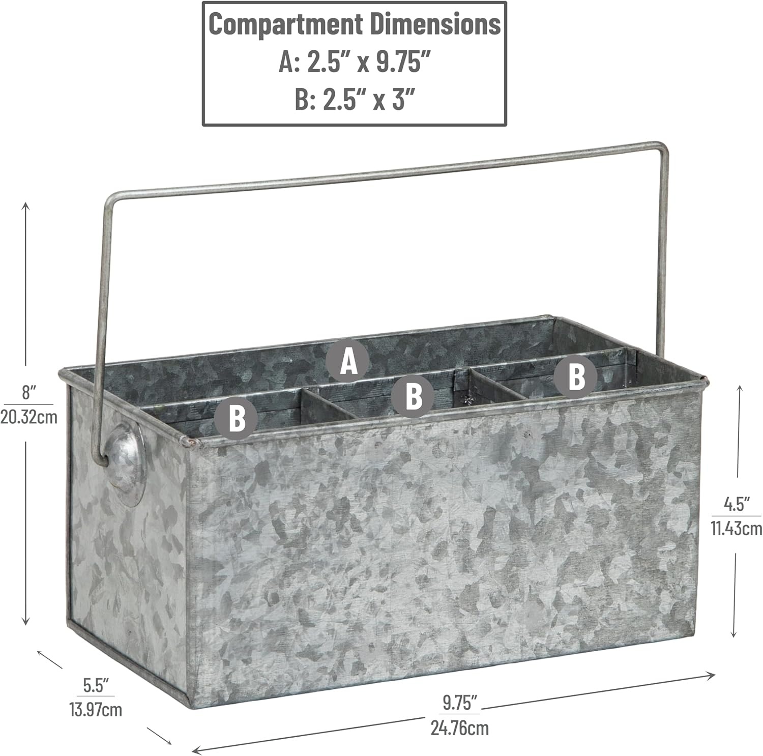 image:imageMind Reader 4Compartment Metal Organizer Caddy with Handle MultiPurpose Storage Galvanized Metal 925L x 5W x 45H SilverOne Size
