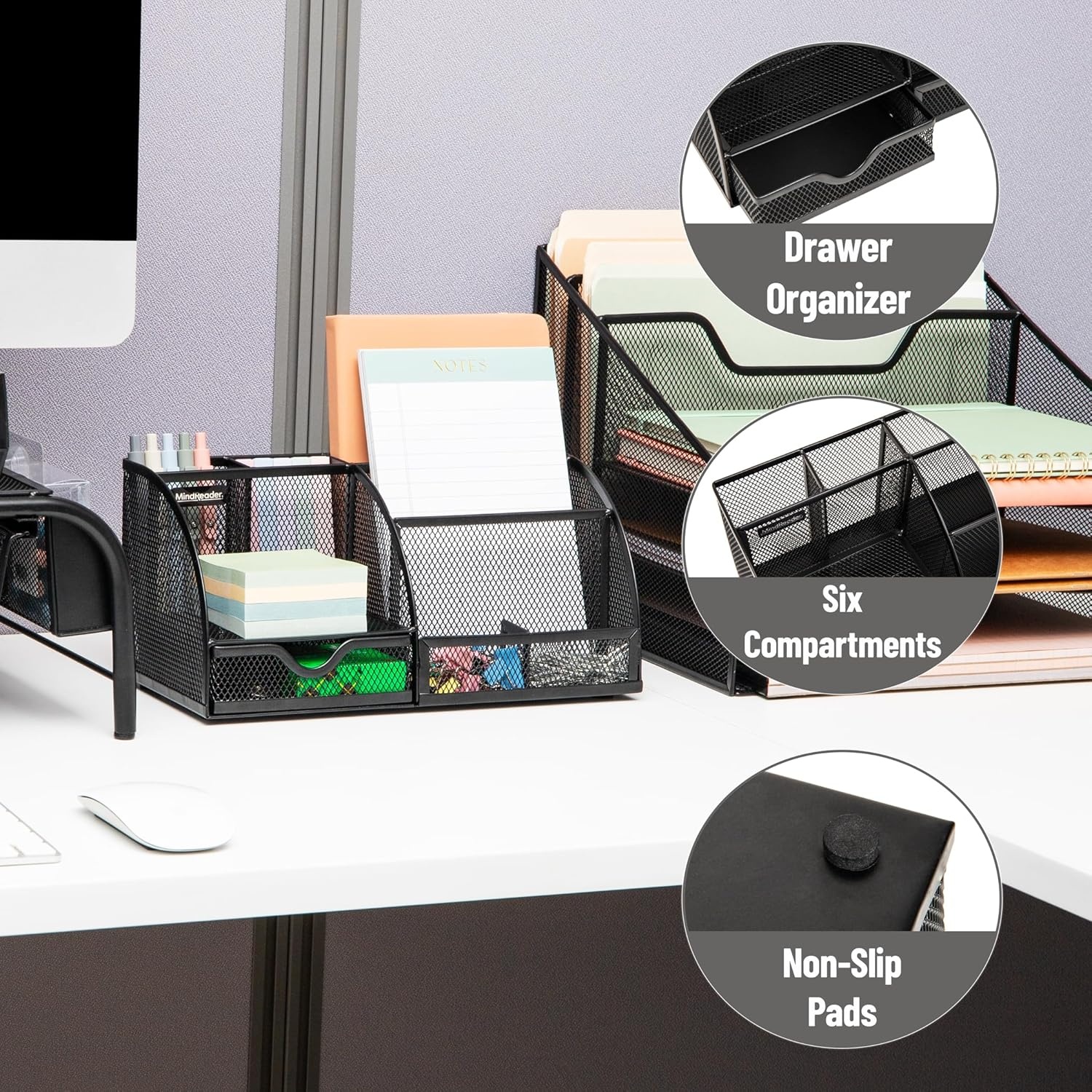 image:imageMind Reader 7Compartment Plastic Desktop Organizer with Drawer BlackBlack Metal