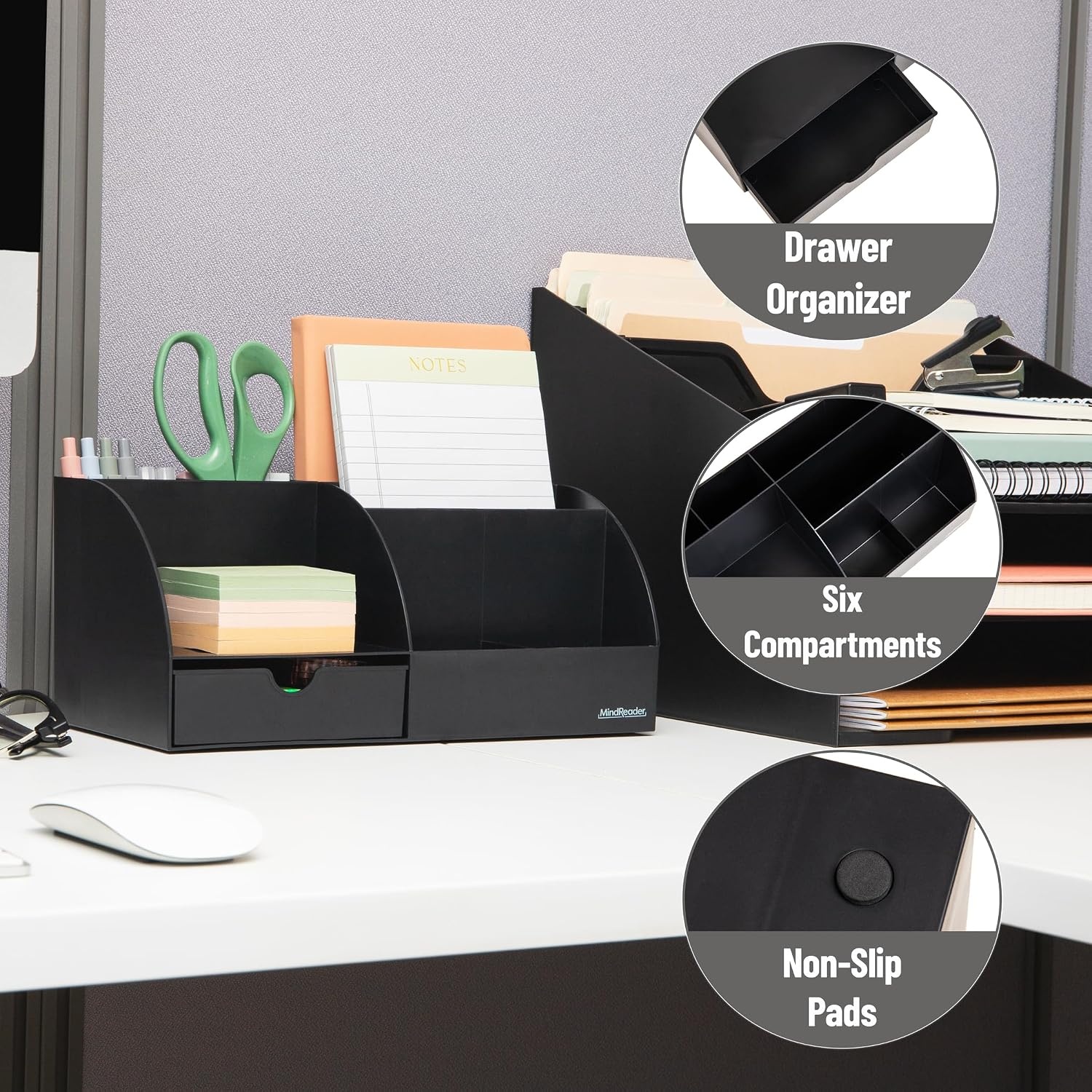 image:imageMind Reader 7Compartment Plastic Desktop Organizer with Drawer BlackBlack Plastic
