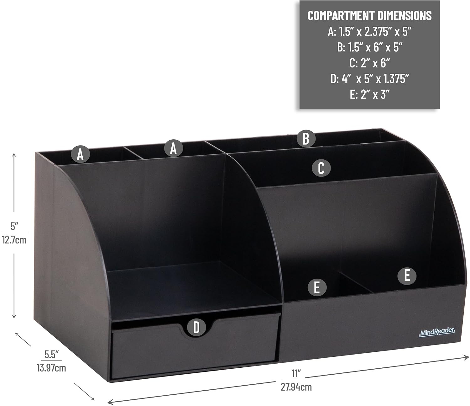 image:imageMind Reader 7Compartment Plastic Desktop Organizer with Drawer BlackBlack Plastic