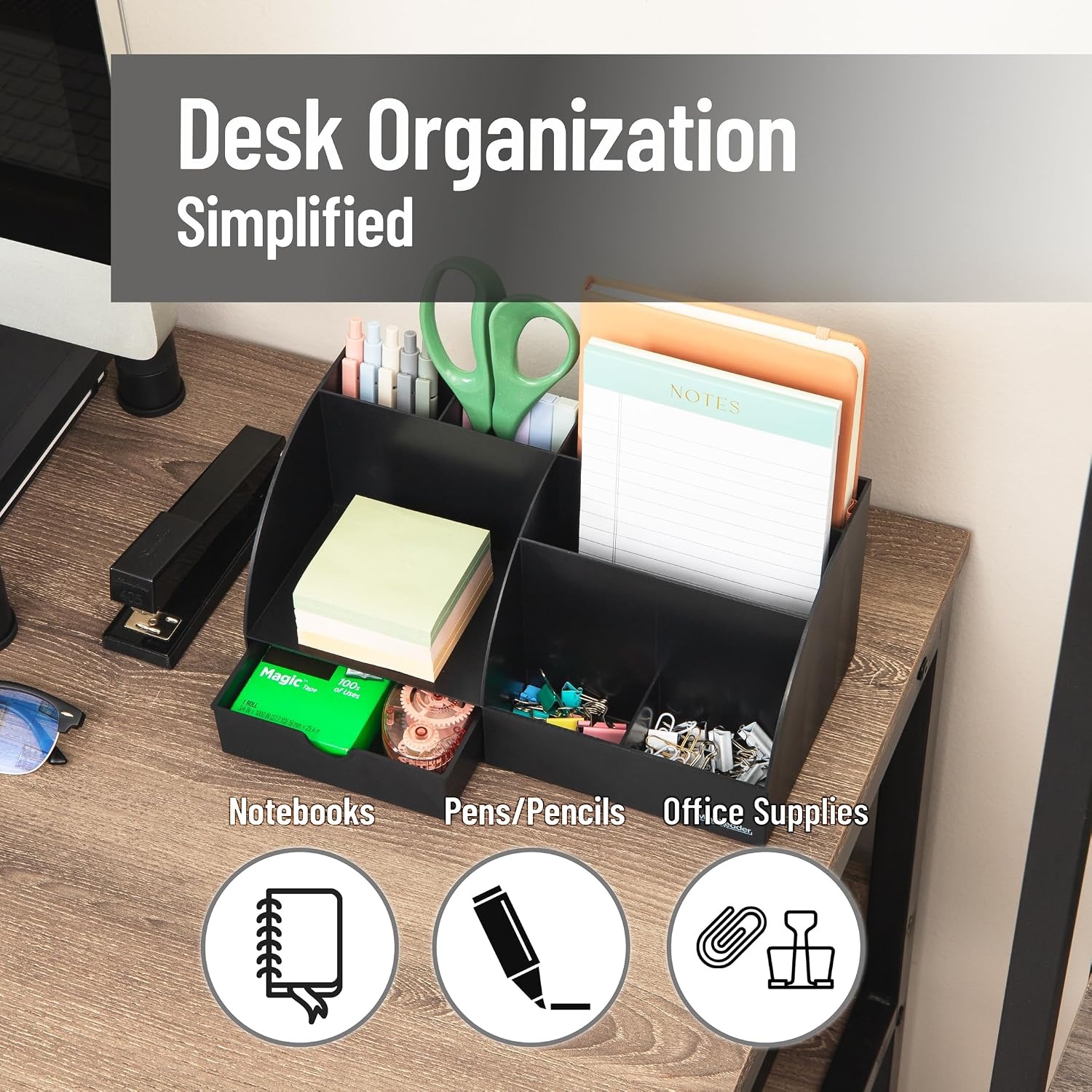 image:imageMind Reader 7Compartment Plastic Desktop Organizer with Drawer BlackBlack Plastic