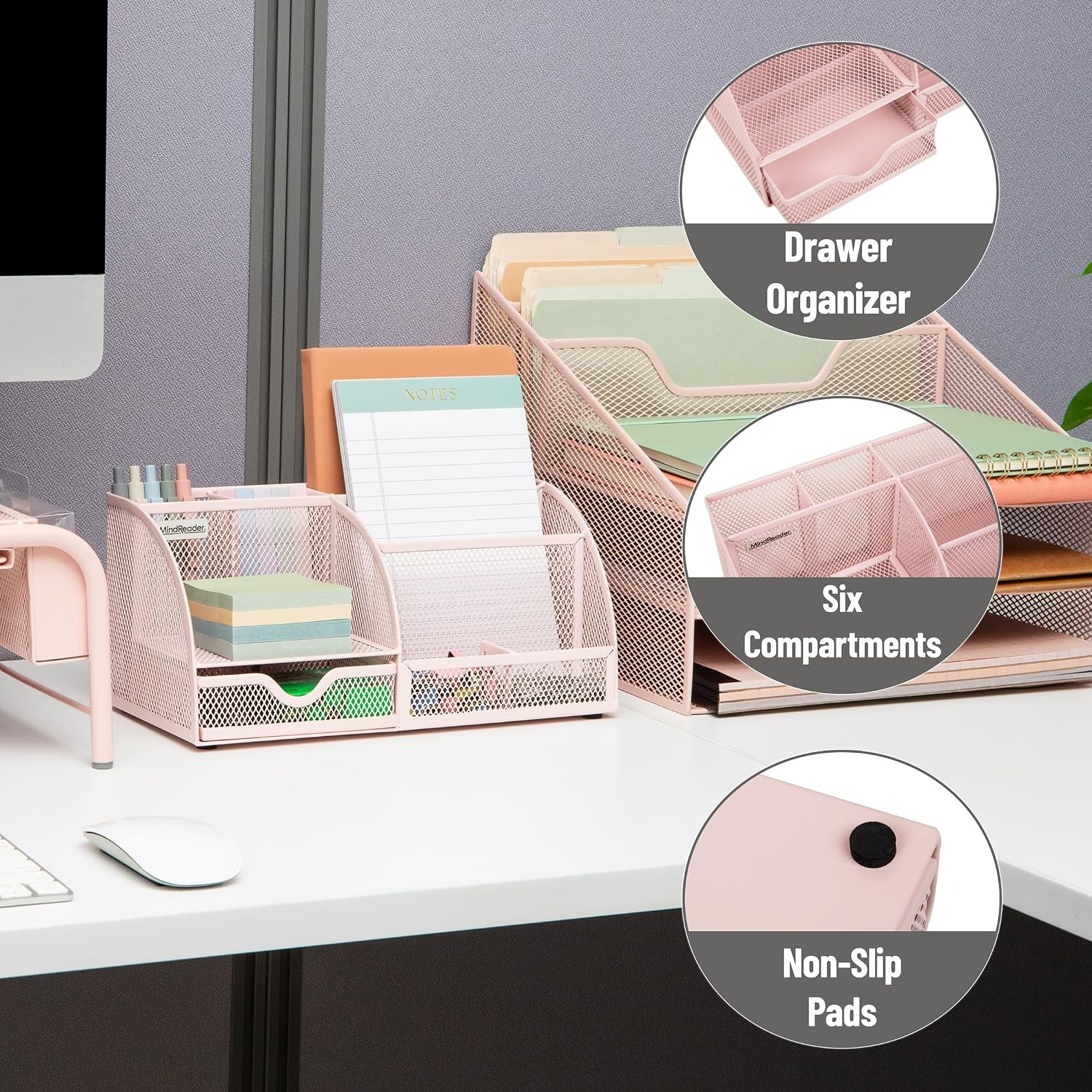 image:imageMind Reader 7Compartment Plastic Desktop Organizer with Drawer BlackPink Metal