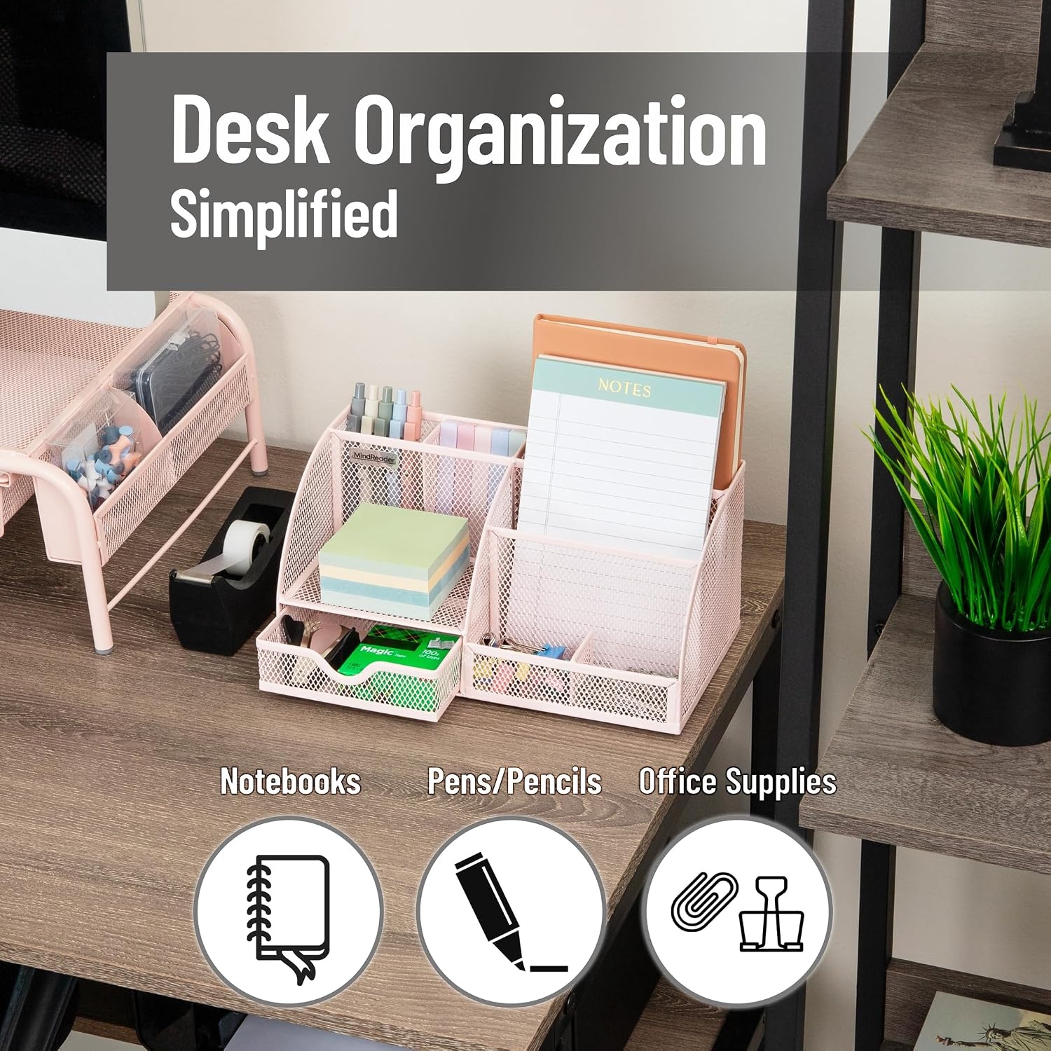 image:imageMind Reader 7Compartment Plastic Desktop Organizer with Drawer BlackPink Metal