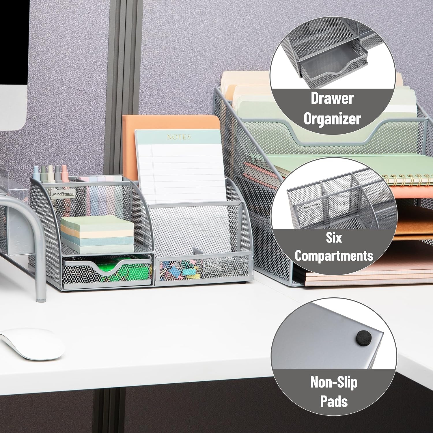 image:imageMind Reader 7Compartment Plastic Desktop Organizer with Drawer BlackSilver Metal