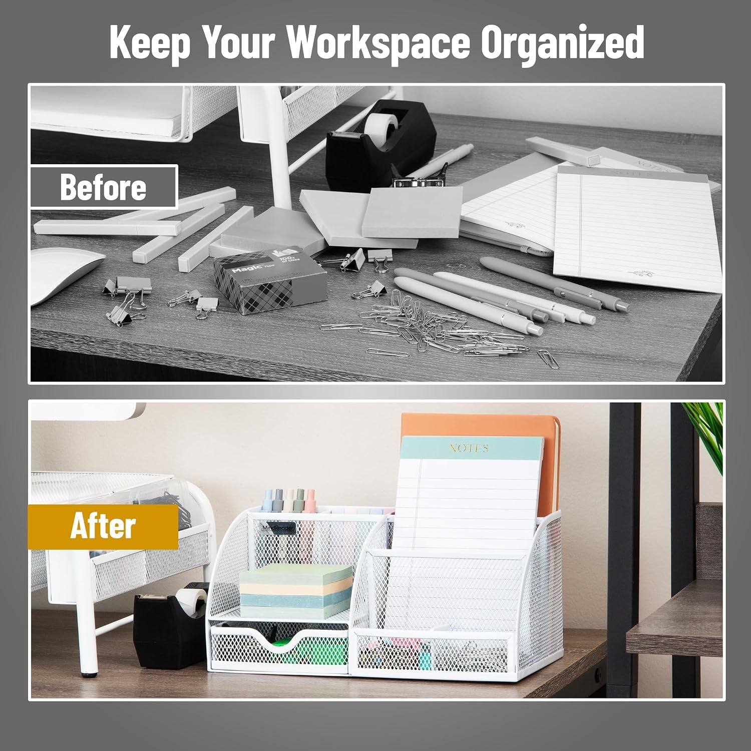image:imageMind Reader 7Compartment Plastic Desktop Organizer with Drawer BlackWhite Metal