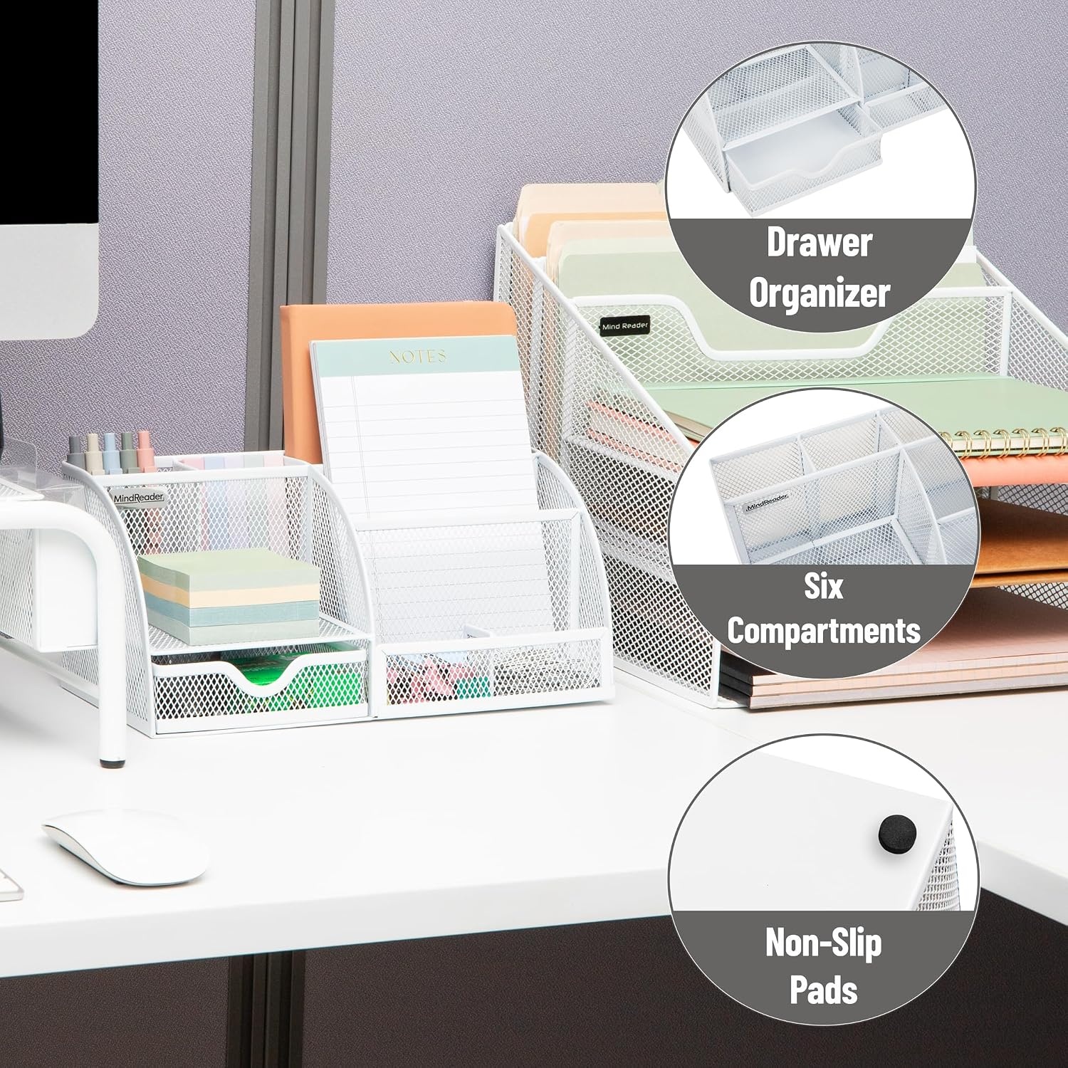 image:imageMind Reader 7Compartment Plastic Desktop Organizer with Drawer BlackWhite Metal