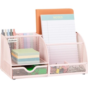 Mind Reader 7-Compartment Plastic Desktop Organizer with Drawer, Black(Pink Metal)