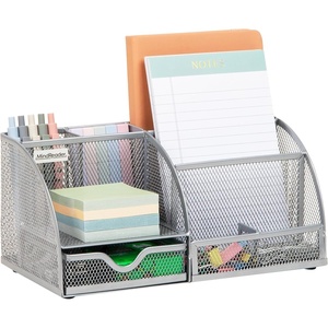 Mind Reader 7-Compartment Plastic Desktop Organizer with Drawer, Black(Silver Metal)